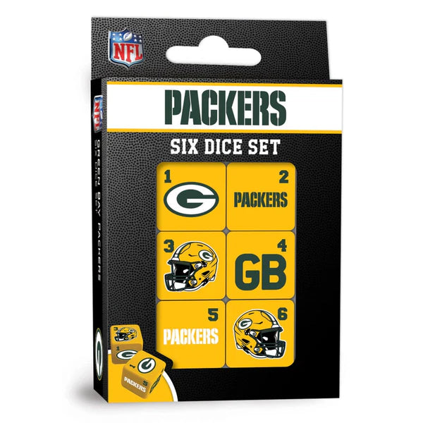 MasterPieces Six dice set packaging with Green Bay Packers logo on a white background