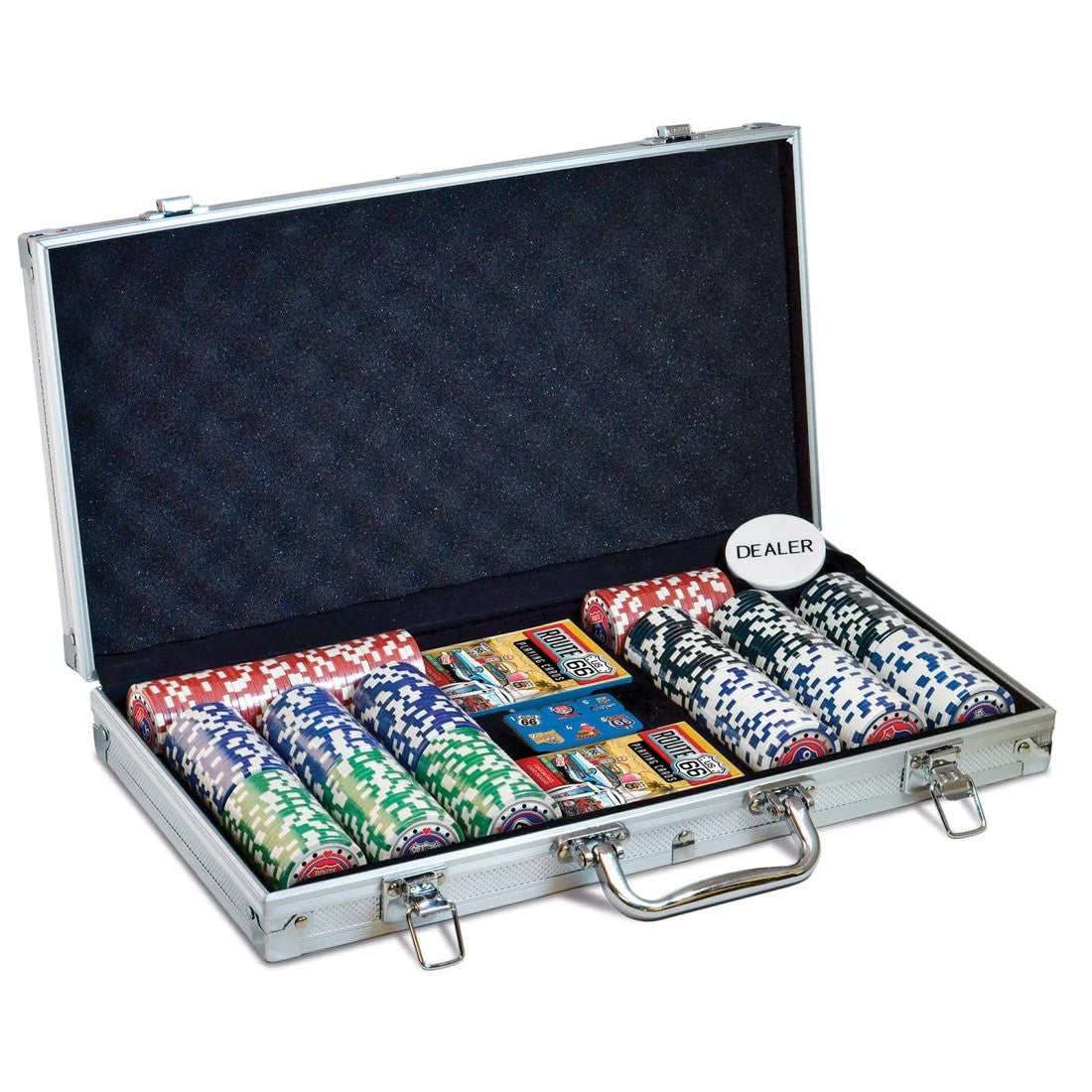 Poker set with chips, cards, and a dealer button in an open silver case on a white background