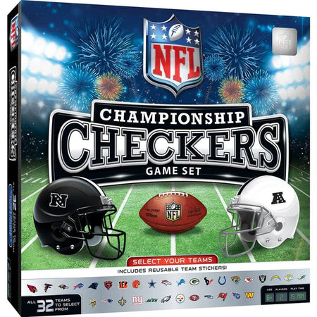 MasterPieces NFL Championship Checkers game set packaging with helmets and football on a football field background.