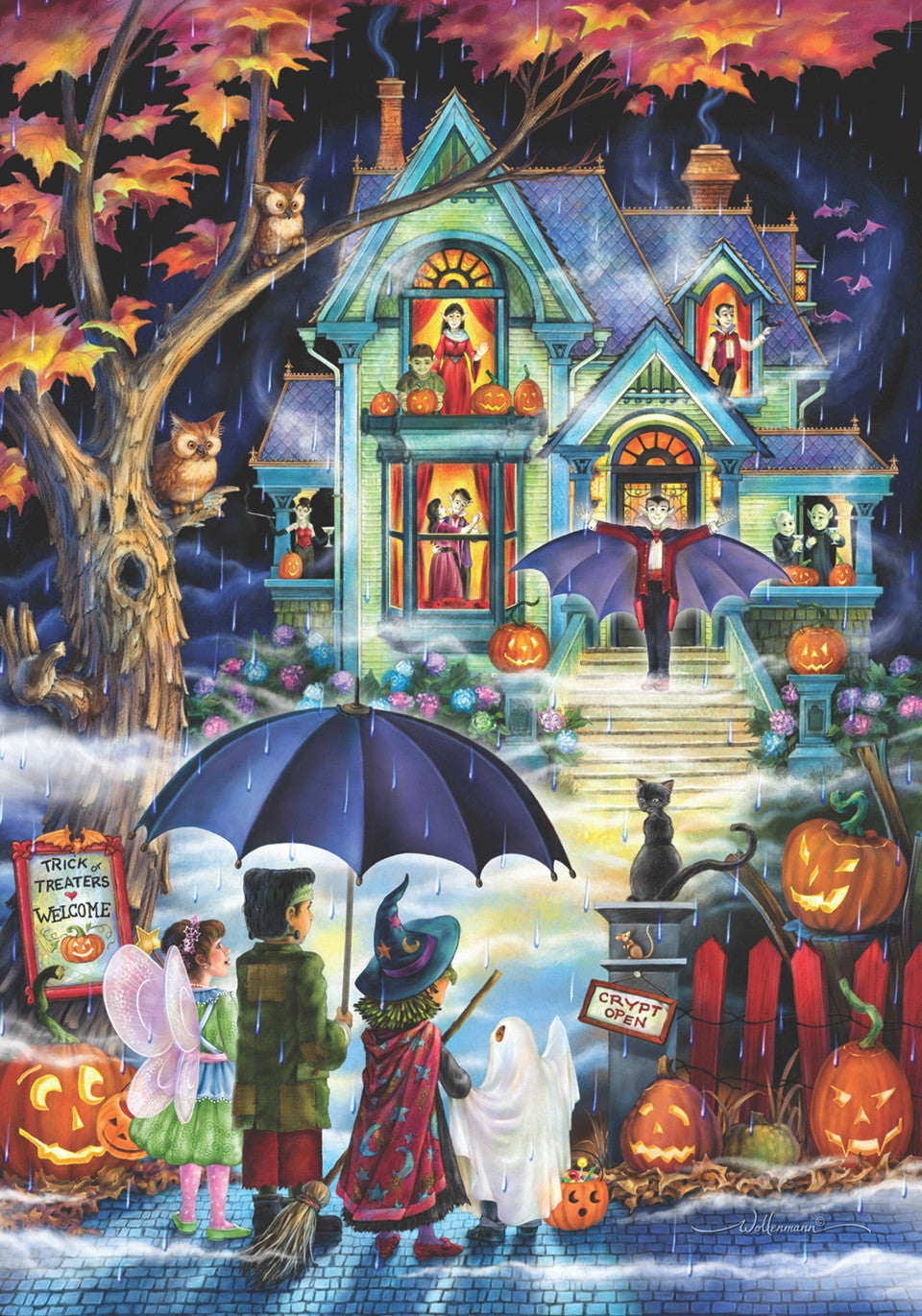 Halloween-themed jigsaw puzzle image of a haunted house with children and ghosts on a street.  leads to shop all puzzles collection