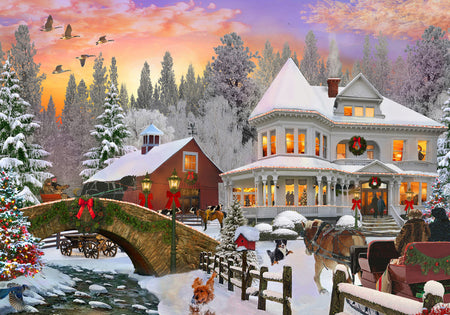 Vermont christmas company 1000-piece jigsaw puzzle of Winter scene with a snowy village, houses, and a bridge over a stream.