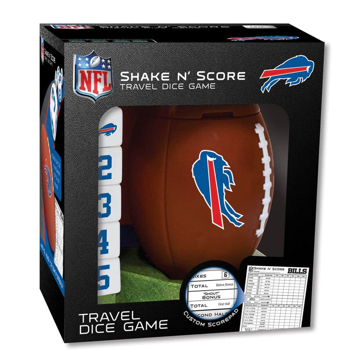 MasterPieces NFL travel dice game packaging with football and dice, featuring Buffalo Bills logo.