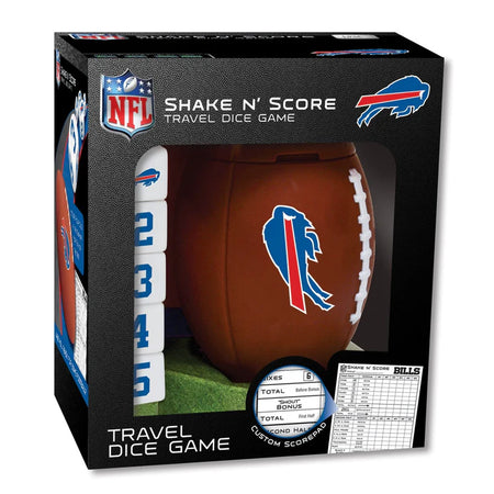 MasterPieces NFL travel dice game packaging with football and dice, featuring Buffalo Bills logo.