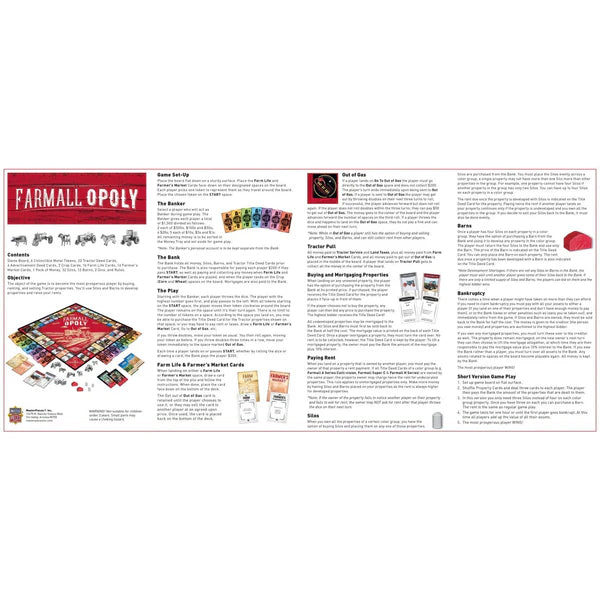 Farmall Opoly board game set with rules and components on a white background