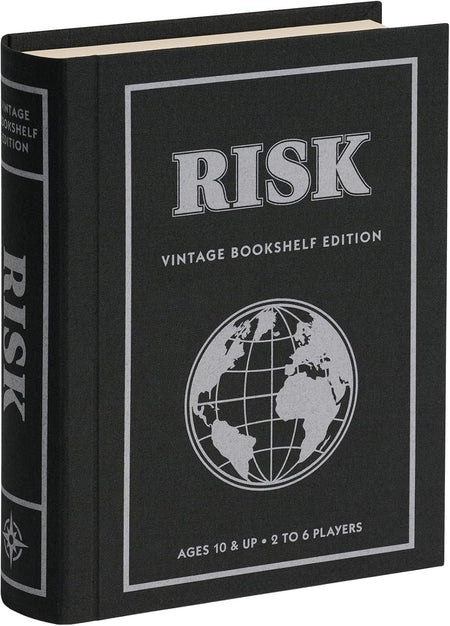 ws gaming company Black 'Risk' board game box the vintage bookshelf edition with globe design