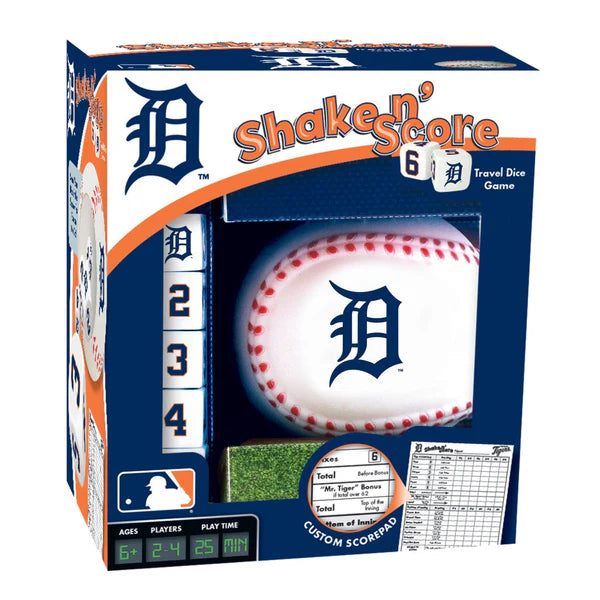 MasterPieces Box of Shake 'n Score travel dice game with a baseball and scorecard, featuring the Detroit Tigers logo.