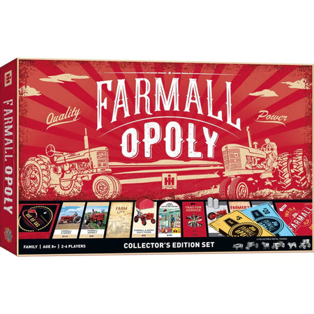 MasterPieces Farmall Opoly board game box with red and white design featuring tractors.