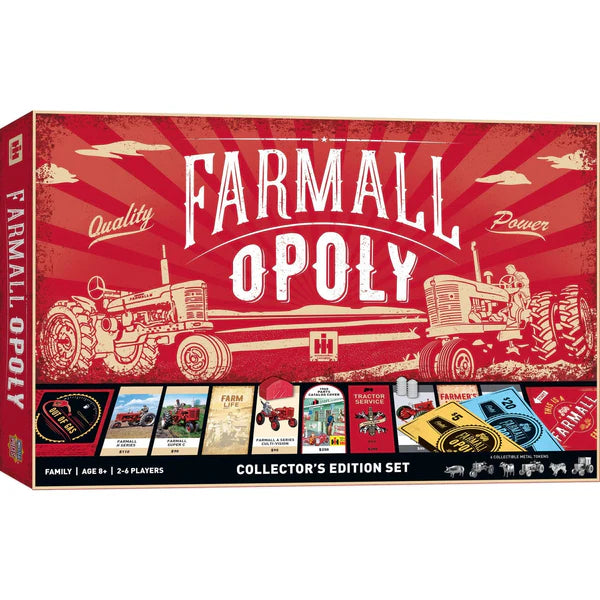 MasterPieces Farmall Opoly board game box with red and white design featuring tractors.