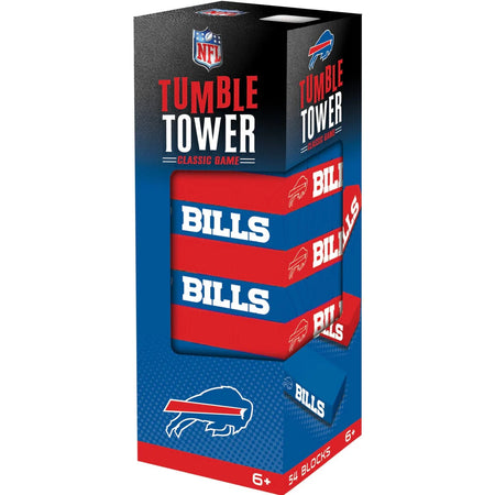 MasterPieces Box of NFL Tumble Tower game with Buffalo Bills branding on a white background