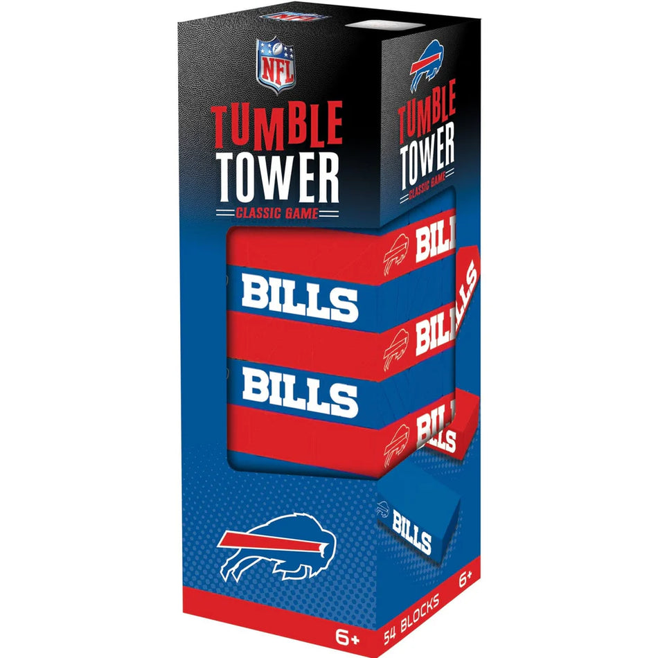 MasterPieces Box of NFL Tumble Tower game with Buffalo Bills branding on a white background
