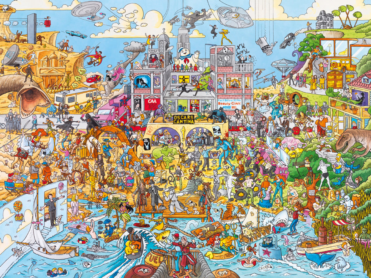 A colorful illustration of a whimsical cityscape with various cartoon characters and elements, representing the theme of the Heye Hollyworld 1500 piece puzzle.