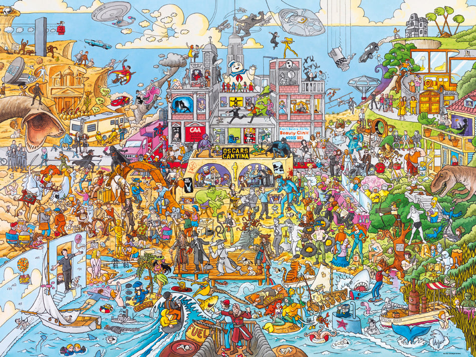 A colorful illustration of a whimsical cityscape with various cartoon characters and elements, representing the theme of the Heye Hollyworld 1500 piece puzzle.