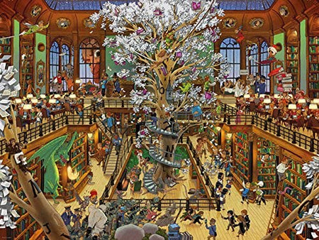 A Heye triangularly shaped jigsaw puzzle box depicting a detailed and colorful scene of a library with people, shelves, and a spiral staircase.