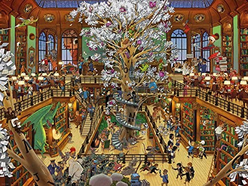 A Heye triangularly shaped jigsaw puzzle box depicting a detailed and colorful scene of a library with people, shelves, and a spiral staircase.