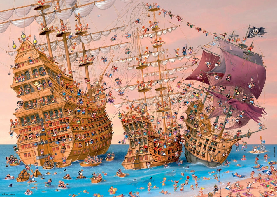A Heye triangular jigsaw puzzle Corsair depicting a whimsical maritime scene with multiple ships and figures.