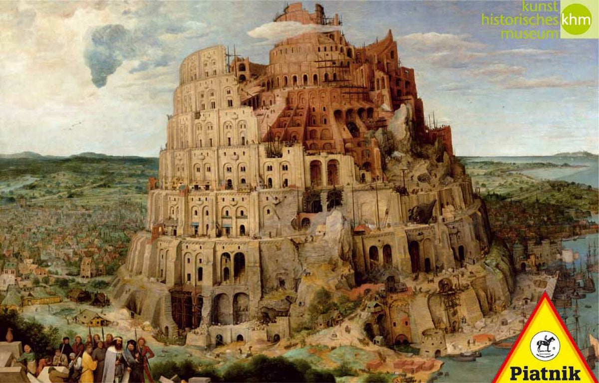 A Piatnik 1000 piece jigsaw puzzle depicting the Tower of Babel artwork by Pieter Bruegel, with the Piatnik brand logo visible.
