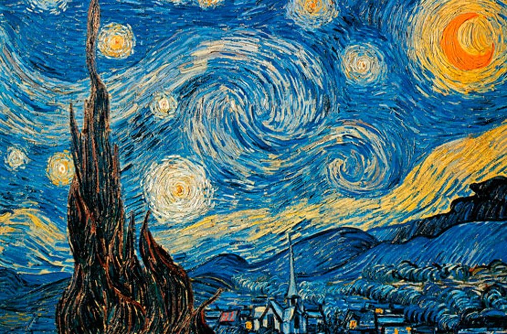A Piatnik 1000-piece puzzle depicting the famous painting 'Starry Night' by Vincent van Gogh, with swirling blue skies and stars.