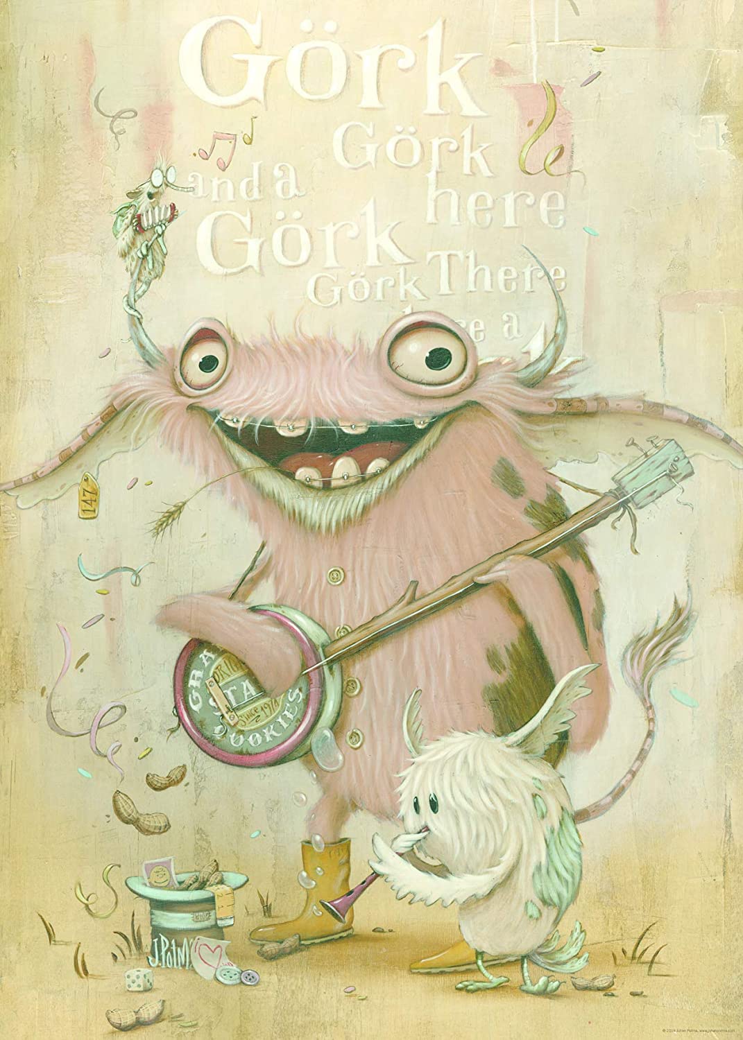 Heye Banjo 1000 piece jigsaw puzzle. A colorful illustration of a pink furry creature playing a banjo with a small, winged creature accompanying it. The puzzle pieces are displayed in the background.