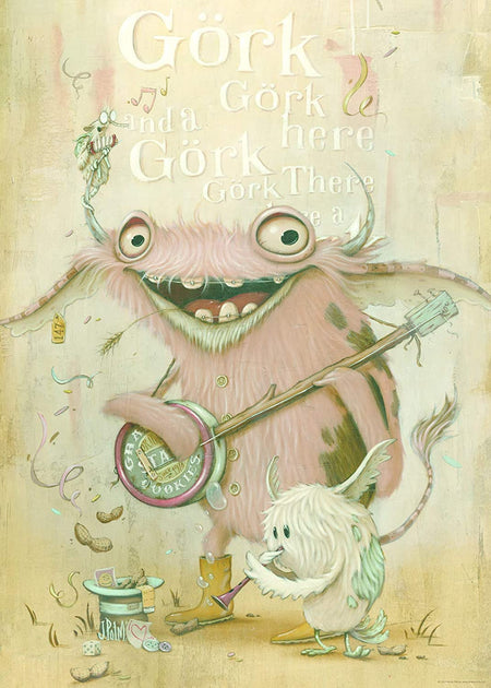Heye Banjo 1000 piece jigsaw puzzle. A colorful illustration of a pink furry creature playing a banjo with a small, winged creature accompanying it. The puzzle pieces are displayed in the background.