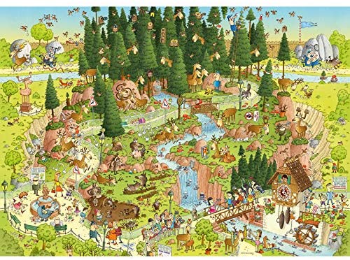 Heye Black Forest Habitat. A colorful illustration of a jigsaw puzzle depicting a forest habitat with various animals and characters engaged in playful activities.