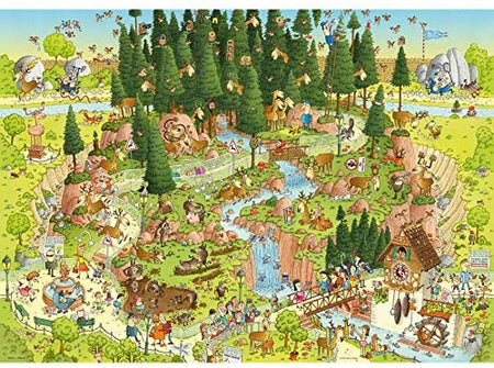 Heye Black Forest Habitat. A colorful illustration of a jigsaw puzzle depicting a forest habitat with various animals and characters engaged in playful activities.