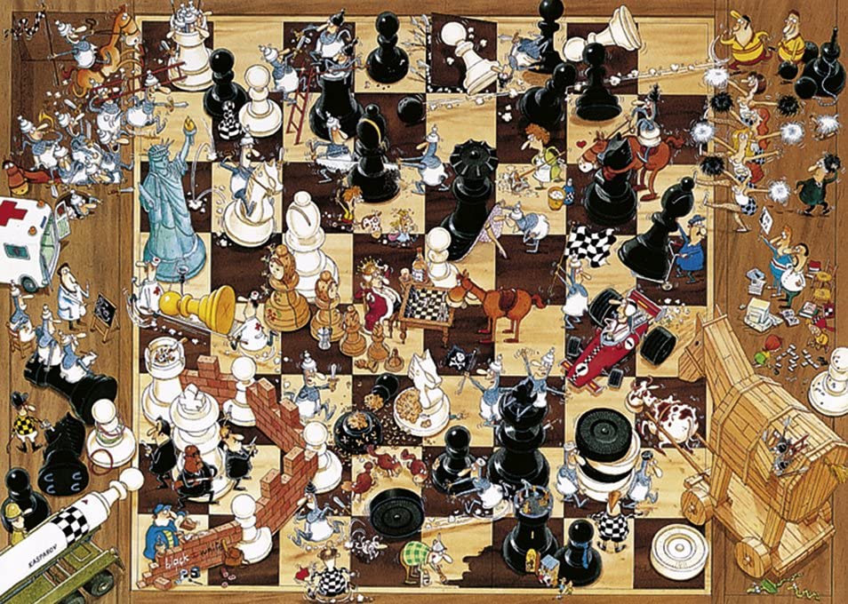 A Heye triangular jigsaw puzzle depicting a complex cartoonish scene with multiple characters and elements, primarily in black and white.