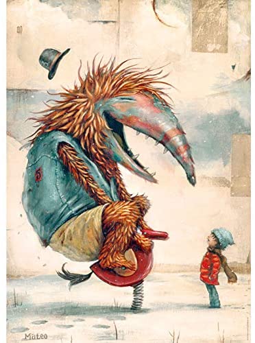Heye Spring Time .A 1000 piece jigsaw puzzle depicting a whimsical scene with a boy and a pet monster wearing a tiny hat.