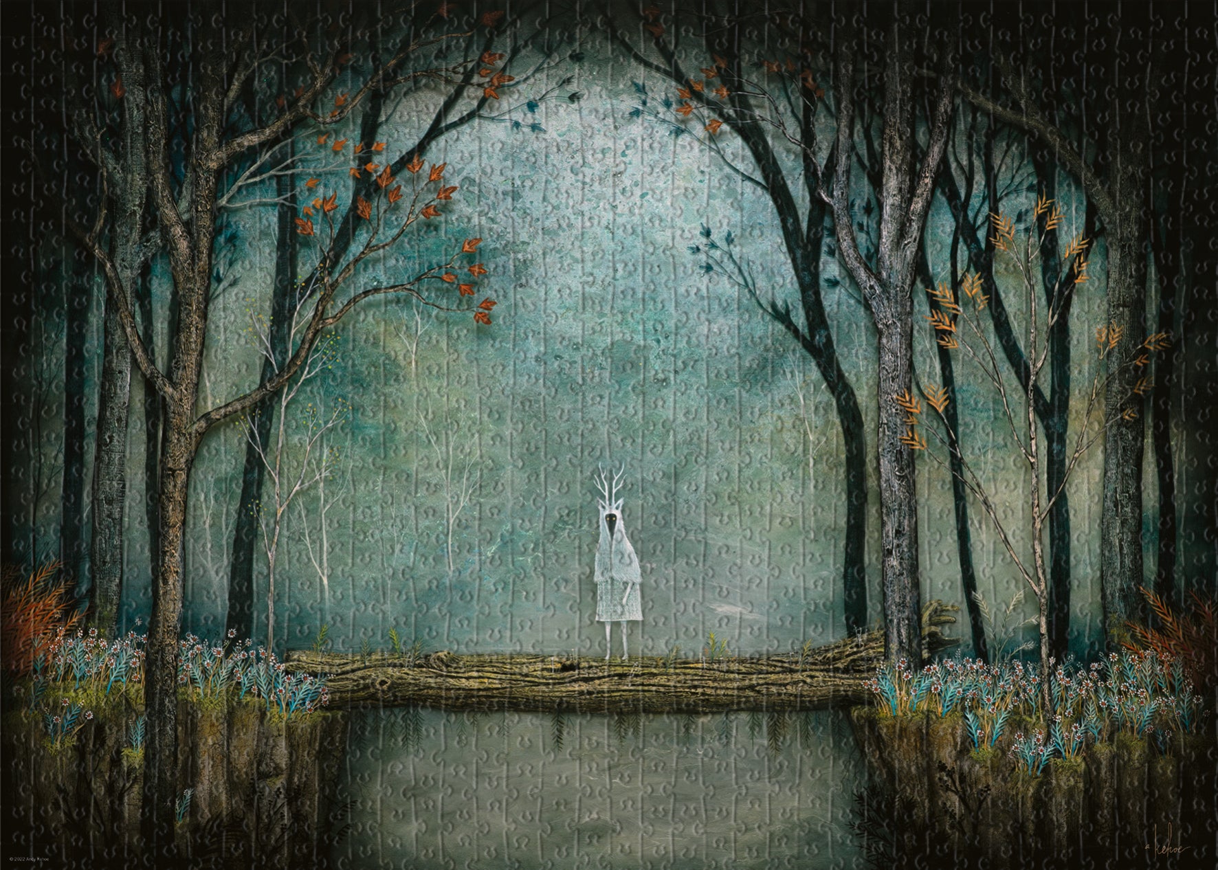 A 1000 piece puzzle depicting a mystical scene with a figure on a bridge in a forest setting, with trees and a hazy background.
