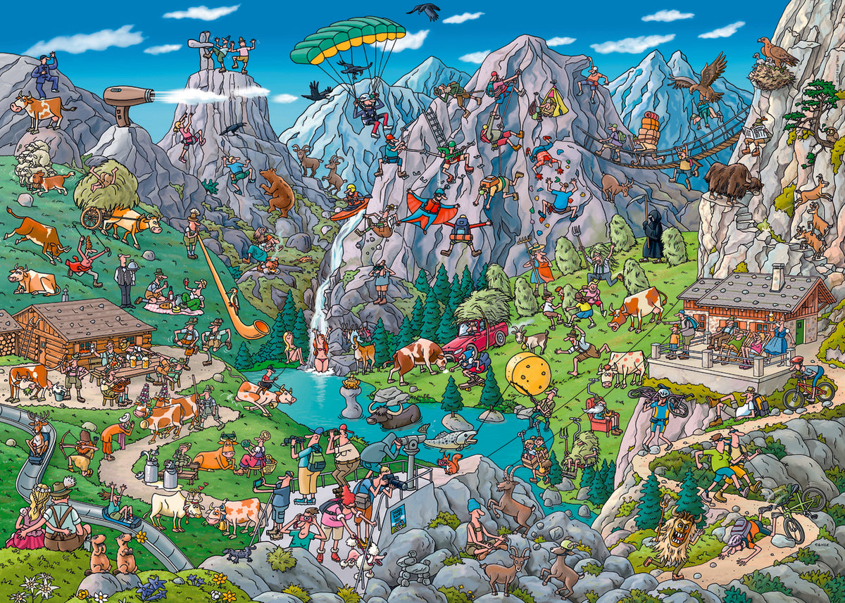 Heye Triangular Alpine Fund 1000 piece jigsaw puzzle . A colorful illustrated puzzle depicting a mountainous landscape with various characters and activities.