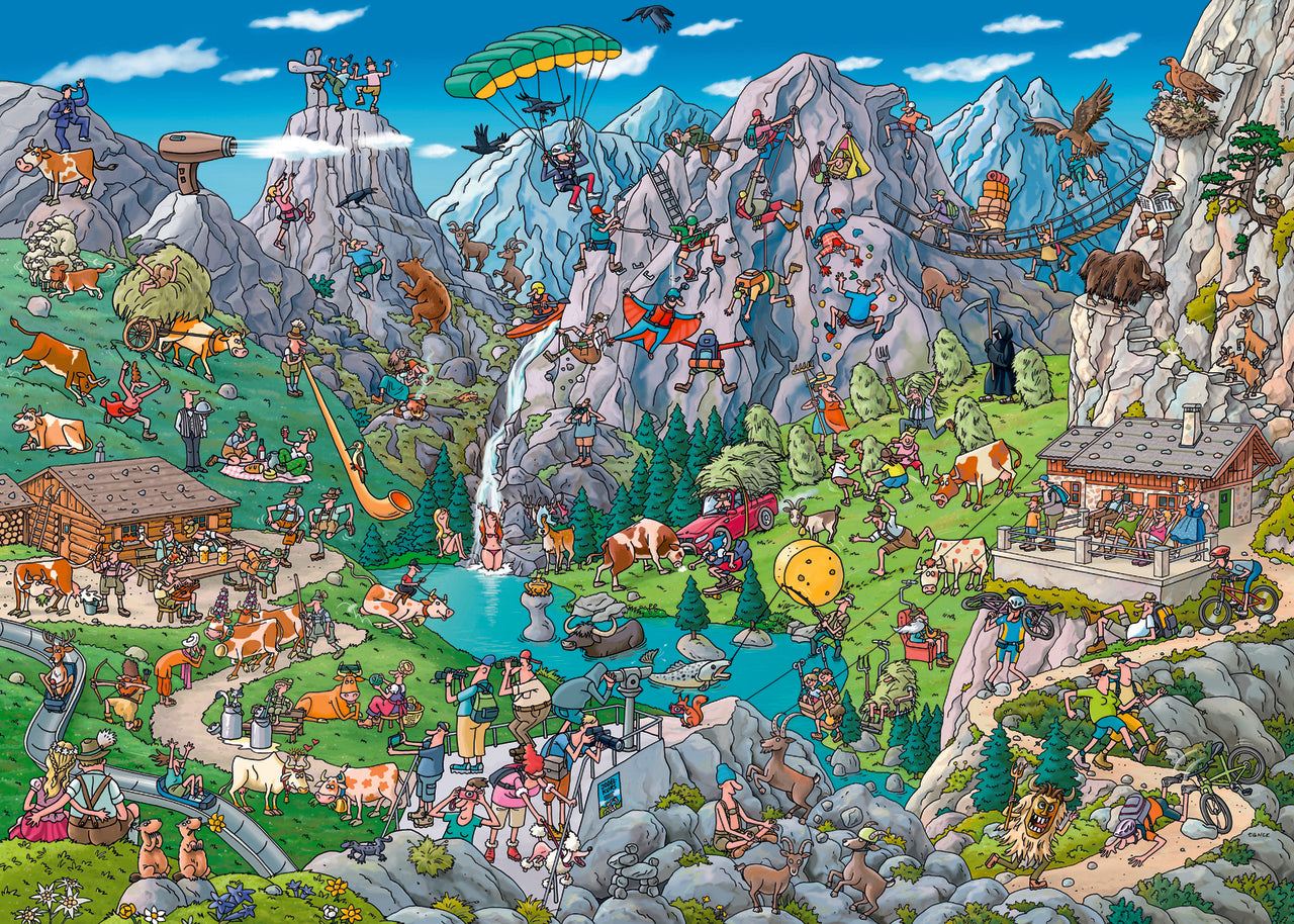 Heye Triangular Alpine Fund 1000 piece jigsaw puzzle . A colorful illustrated puzzle depicting a mountainous landscape with various characters and activities.