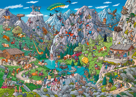 Heye Triangular Alpine Fund 1000 piece jigsaw puzzle . A colorful illustrated puzzle depicting a mountainous landscape with various characters and activities.