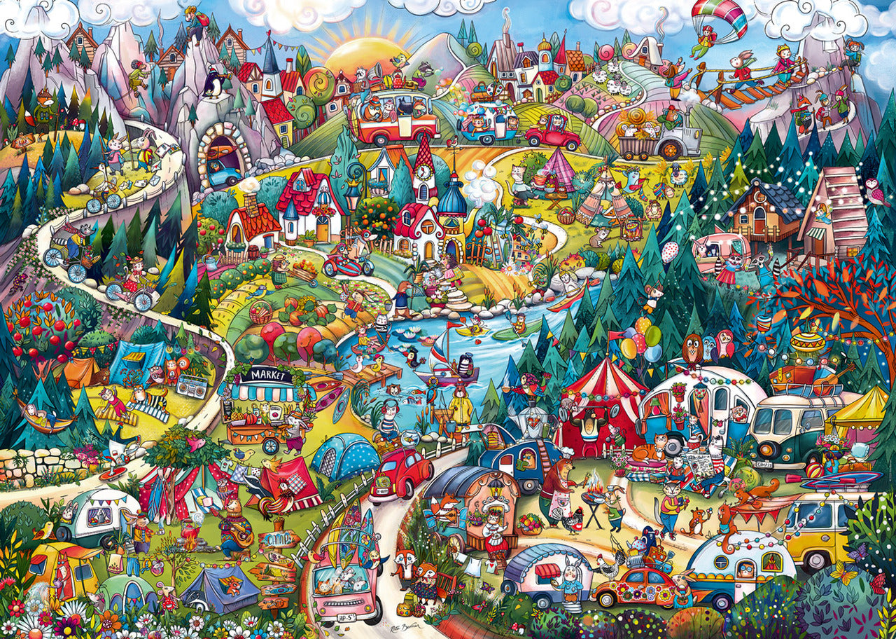 A colorful and intricate 2000-piece jigsaw puzzle depicting a busy camping scene with multiple tents, caravans, and outdoor activities.