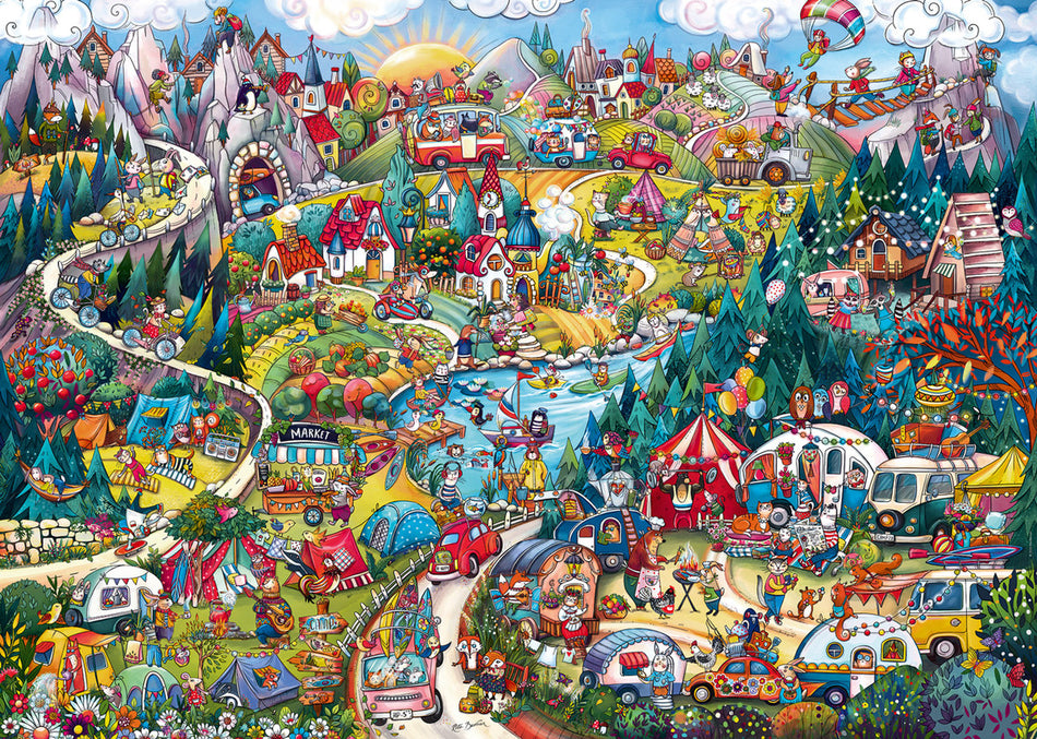 A colorful and intricate 2000-piece jigsaw puzzle depicting a busy camping scene with multiple tents, caravans, and outdoor activities.