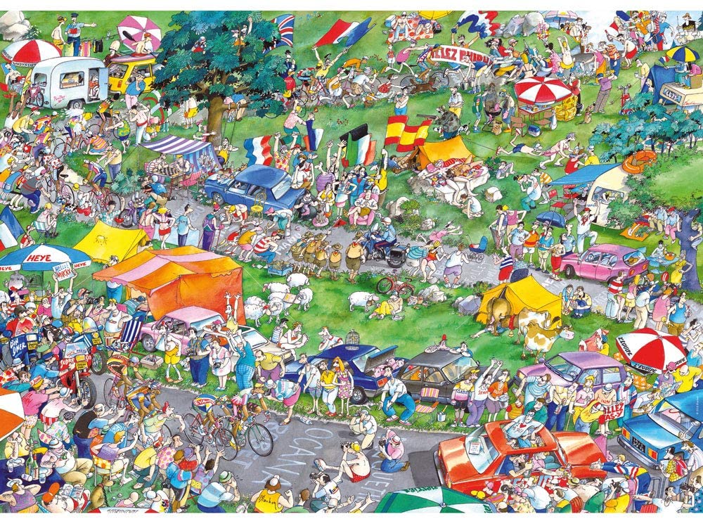 A  Heye Triangular Cycle Race 1000-piece jigsaw puzzle depicting a vibrant scene of a bicycle race with numerous characters and details.