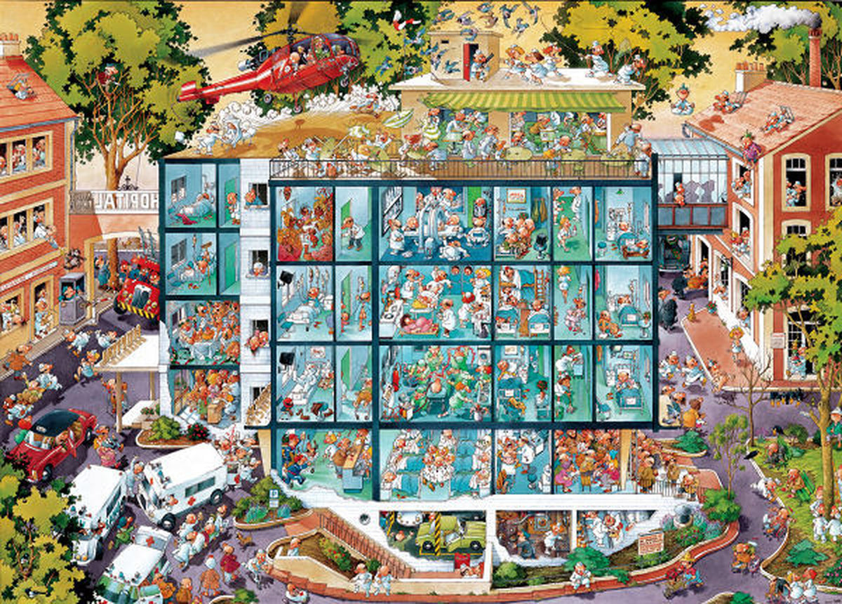 A Heye  Triangular  Emergency Room 2000-piece jigsaw puzzle depicting a cartoon-style emergency room scene with multiple figures and details.