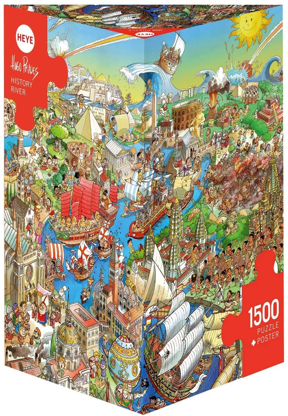 A Heye Triangular 1500 piece jigsaw puzzle box featuring a colorful historical river scene with various time periods and transportation modes.