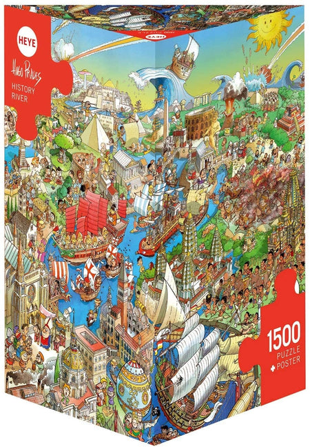 A Heye Triangular 1500 piece jigsaw puzzle box featuring a colorful historical river scene with various time periods and transportation modes.