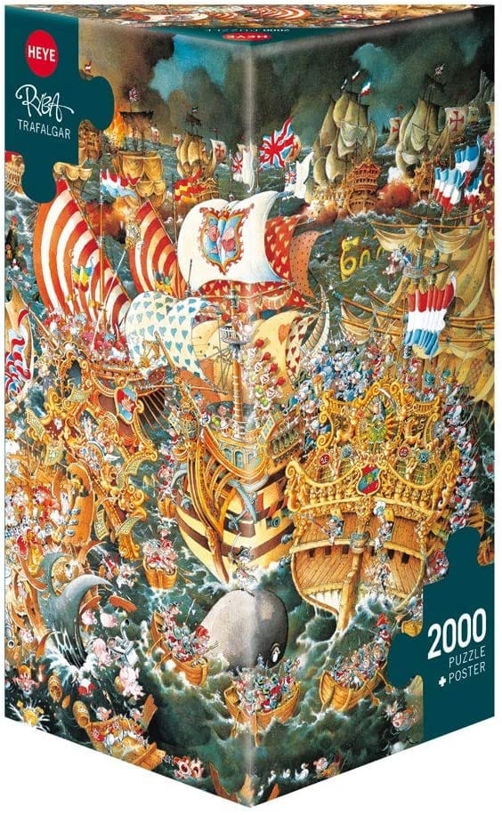 A Heye triangular-shaped puzzle box featuring a colorful and detailed cartoon illustration of the Battle of Trafalgar with multiple ships and figures.