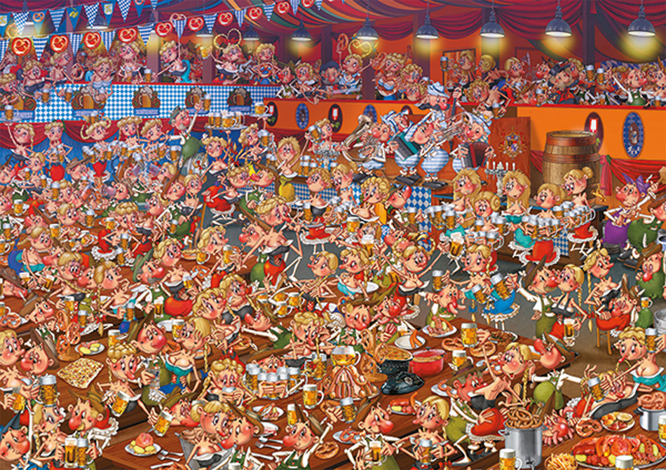 A  Piatnik 1000-piece jigsaw puzzle depicting a vibrant scene of people at a Bavarian festival, featuring colorful costumes and traditional festival foods.