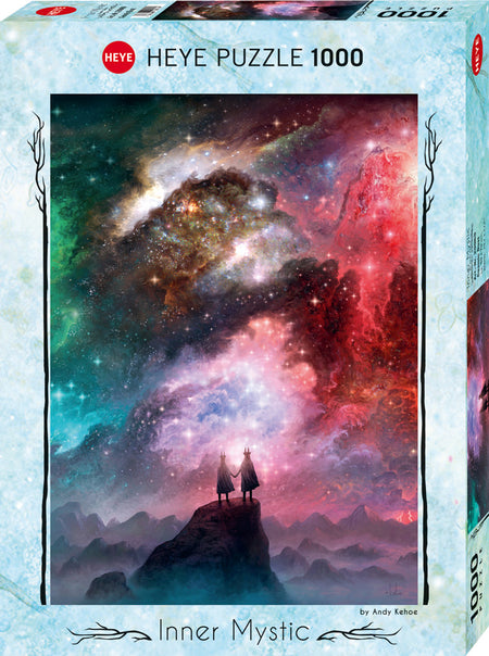 heye cosmic dust 1000-piece jigsaw puzzle box part of the inner mystic collection depicting a couple silhouetted against a vibrant and colorful celestial backdrop.
