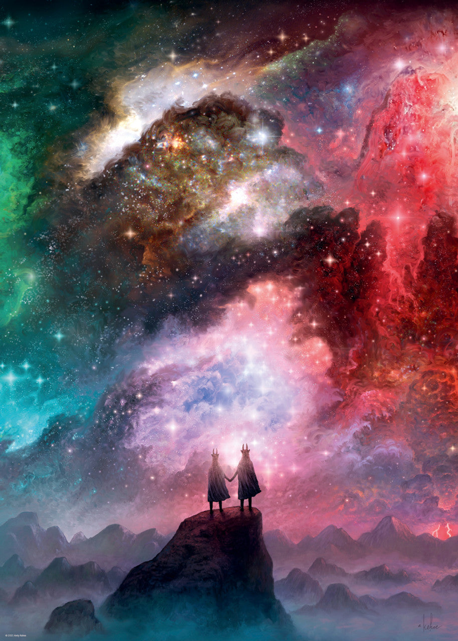 heye cosmic dust 1000-piece jigsaw puzzle part of the inner mystic collection depicting a couple silhouetted against a vibrant and colorful celestial backdrop.