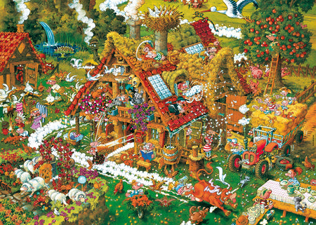 A heye 1000-piece jigsaw puzzle depicting a cartoon funny farm scene with animals and farm equipment.