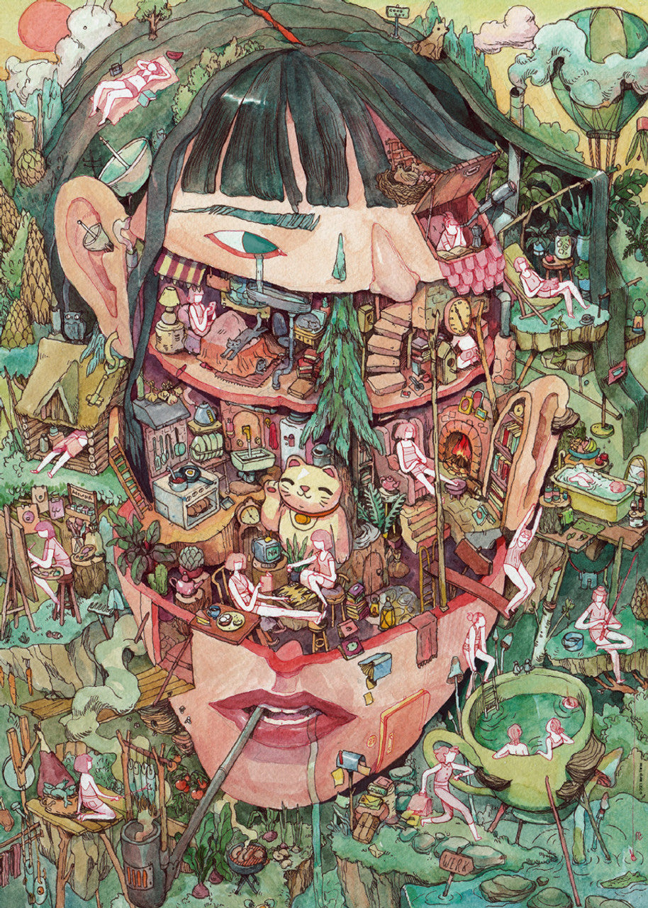 heye home of thoughts 1000-piece jigsaw puzzle of a person's face with various cartoon-like scenes and objects inside it