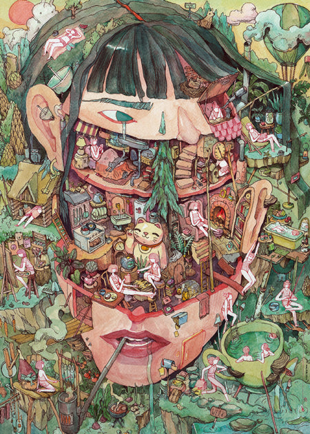 heye home of thoughts 1000-piece jigsaw puzzle of a person's face with various cartoon-like scenes and objects inside it