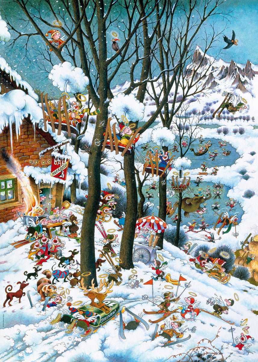 Heye 1000-piece jigsaw puzzle part of the paradise series depicting a winter scene with people engaging in various activities on a snowy day.