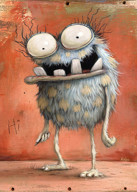 Heye Zozoville 1000-piece jigsaw puzzle Monsta hi! depicting a cartoon monster with a large round body, gray with cream spots, big bulging eyes, long lashes, gappy teeth, and a fluffy fur.