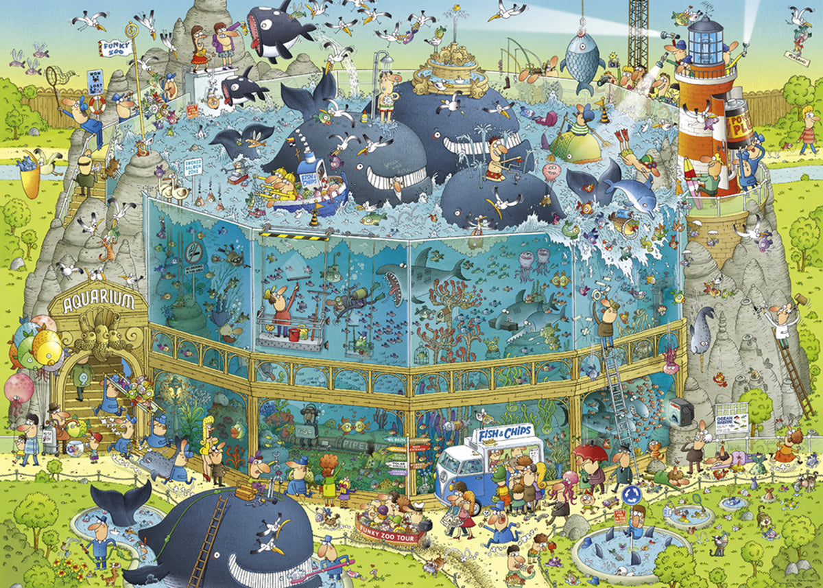 heye 1000-piece jigsaw puzzle featuring a cartoon ocean habitat with various sea creatures and a lighthouse.