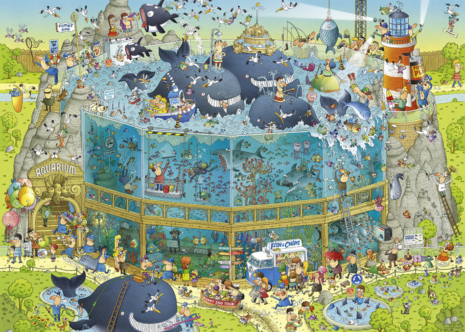 heye 1000-piece jigsaw puzzle featuring a cartoon ocean habitat with various sea creatures and a lighthouse.