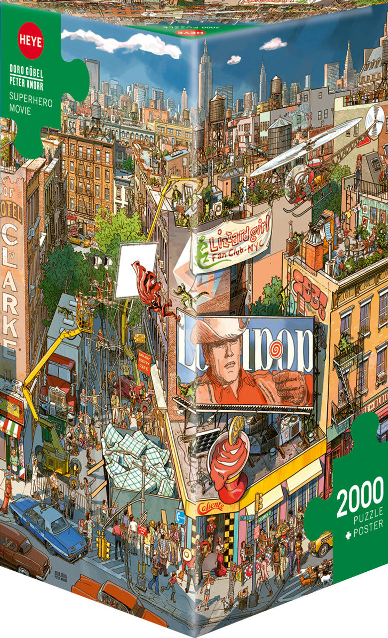2000-piece jigsaw puzzle box from Heye depicting a colorful illustration of a superhero movie scene in an urban setting with skyscrapers and pedestrians.