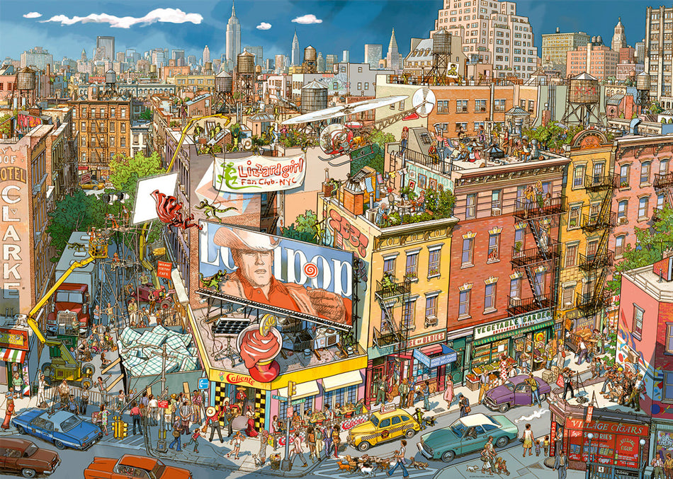 A 2000-piece jigsaw puzzle from Heye depicting a colorful illustration of a superhero movie scene in an urban setting with skyscrapers and pedestrians.